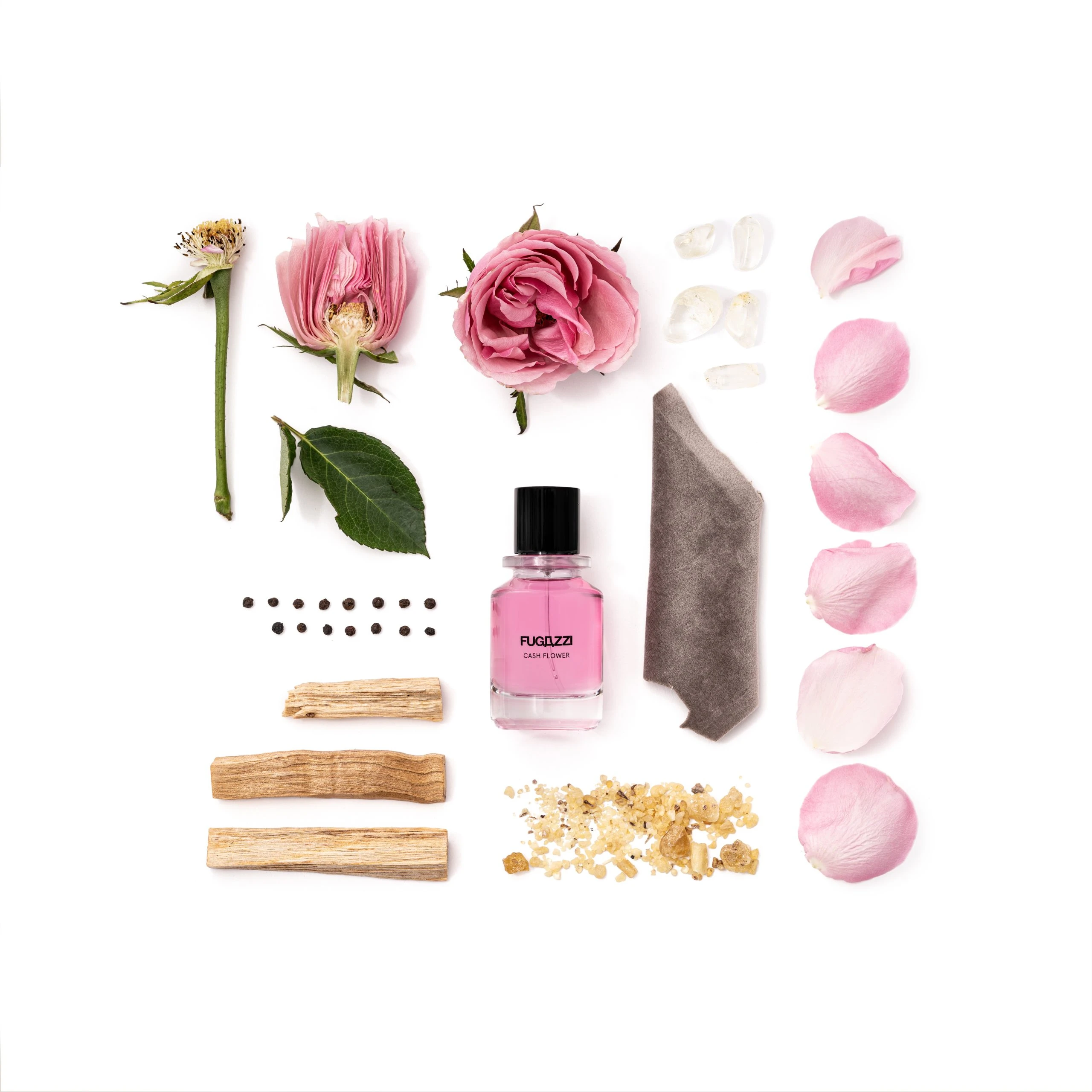 Fugazzi Cash Flower gül ve cashmeran temalı niş parfüm şişesi